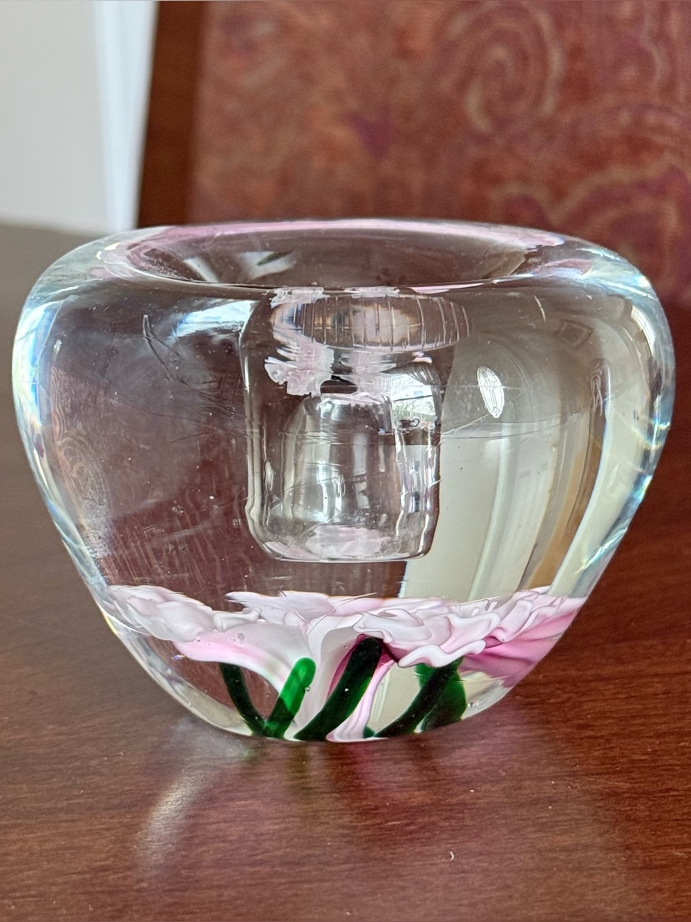 Dynasty Gallery Art Glass Paperweight/Candle Holder w/ Pink Floral Illusion